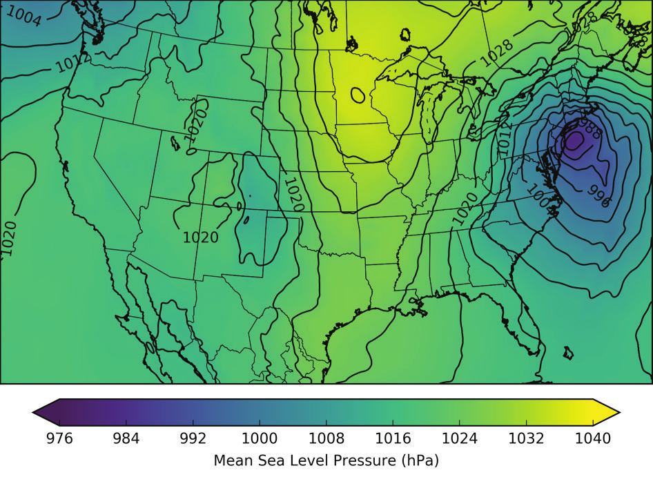 Sea level pressure analysis from the operational High Resolution Rapid Refresh at 1 PM March 14, 2017 with unusually low pressure associated with a major New England snowstorm