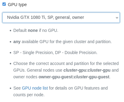 GPU type, count